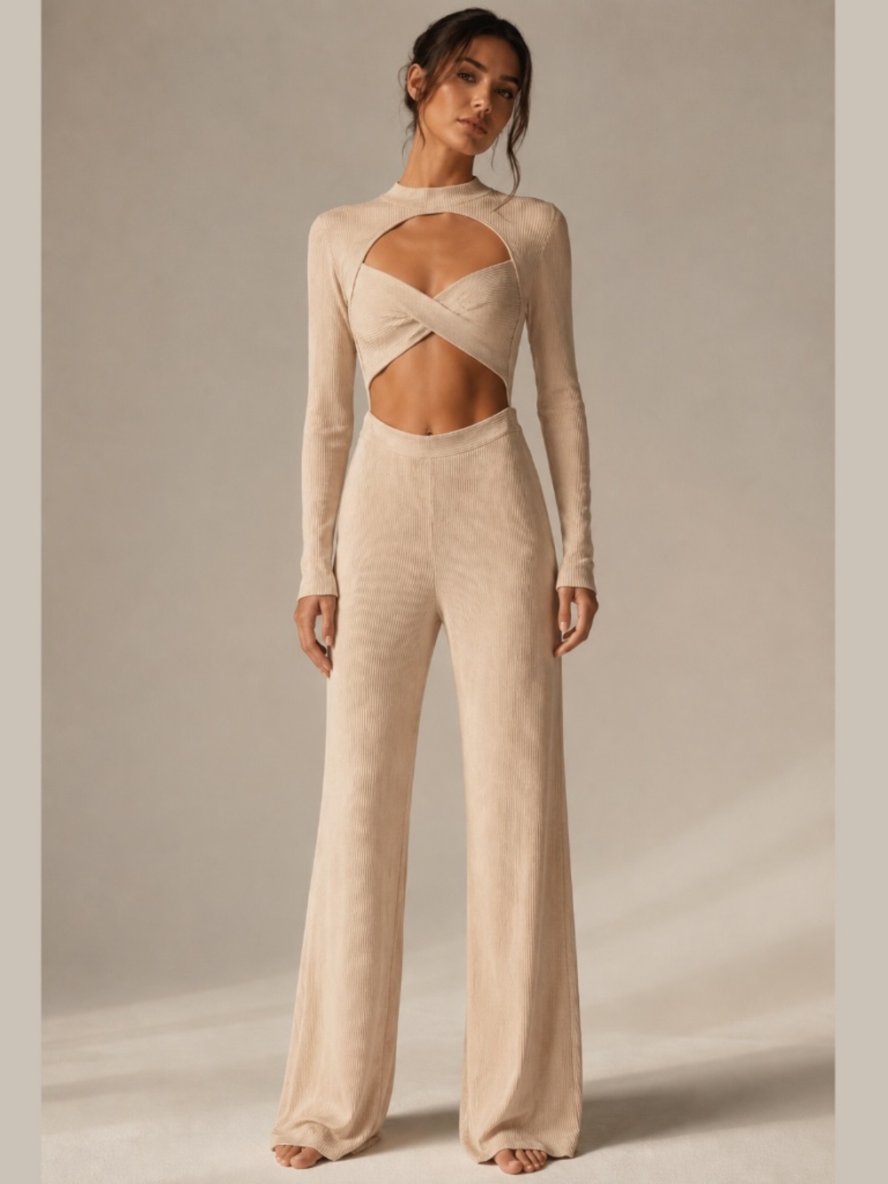 Blithe LA Jumpsuit Ribbed Beige Wide leg Cutout Front sz L New